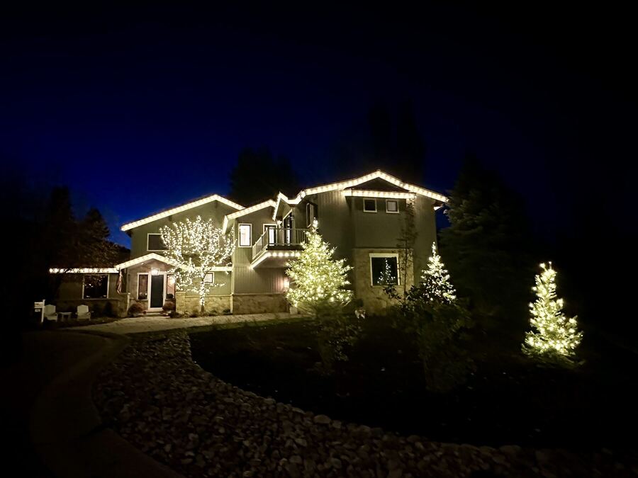 Roofline, trees and uplighting together at blue hour